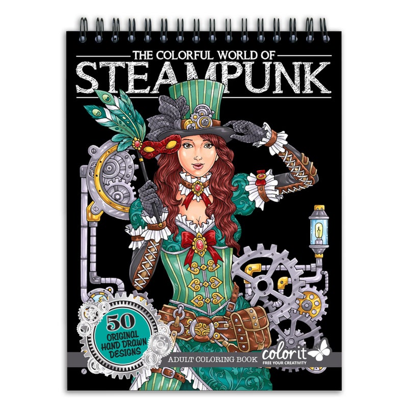 ColorIt Colorful World of Steampunk Adult Coloring Book - 50 Single-Sided Designs, Thick Smooth Paper, Lay Flat Hardback Covers, Spiral Bound, USA Printed, Steampunk-Inspired Pages to Color - Image 1